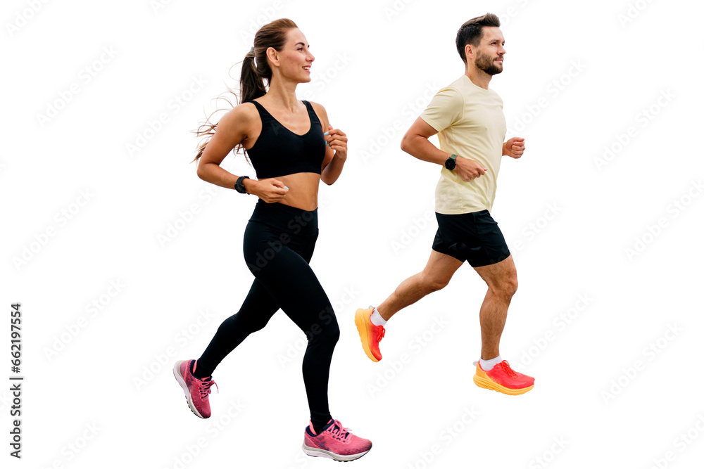 People are healthy, a woman and a man are friends running together. Sports people train together. A young couple of two people leads a healthy lifestyle in sportswear. Transparent background. People are healthy, a woman and a man are friends running together. Sports people train together. A young couple of two people leads a healthy lifestyle in sportswear. Transparent background.