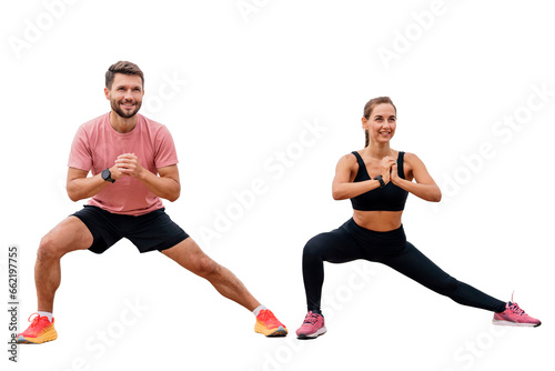 Warm-up people train a male instructor and a female client. Active exercises squats in fitness clothes. Sports friends have an intense time for sports. Transparent background.