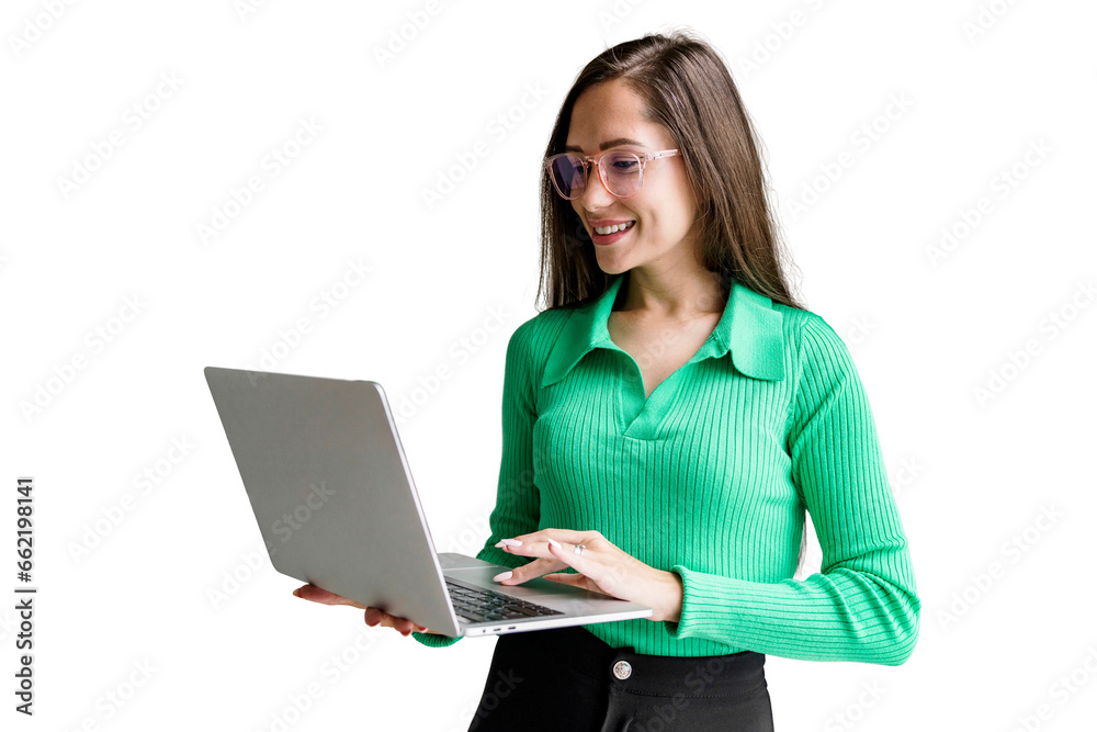The designer in glasses is a female student using a laptop computer working online. A copywriter in a jacket writes a letter to a client, an office employee. Transparent background. The designer in glasses is a female student using a laptop computer working online. A copywriter in a jacket writes a letter to a client, an office employee. Transparent background.