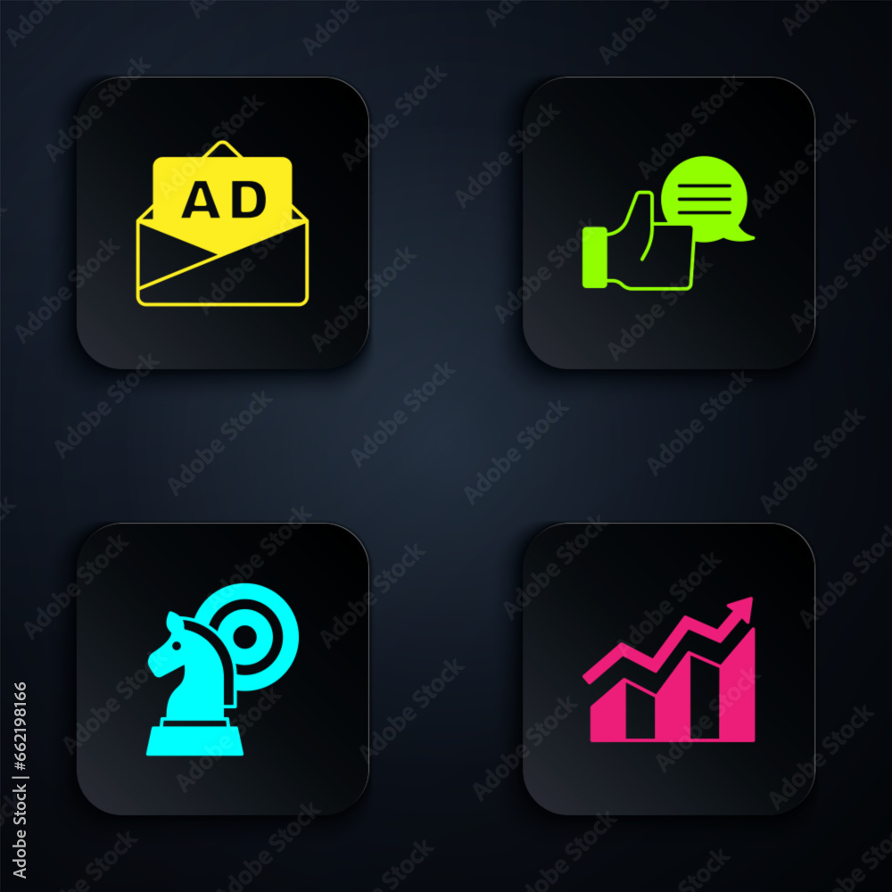 Set Financial growth increase, Advertising, Chess and Customer product rating. Black square button. Vector Set Financial growth increase, Advertising, Chess and Customer product rating. Black square button. Vector