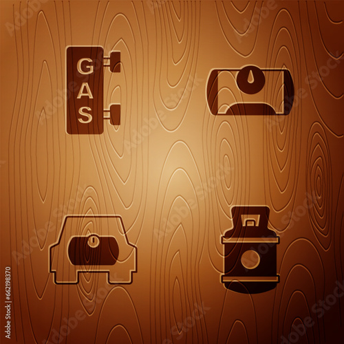 Set Propane gas tank, Gas filling station, for vehicle and on wooden background. Vector