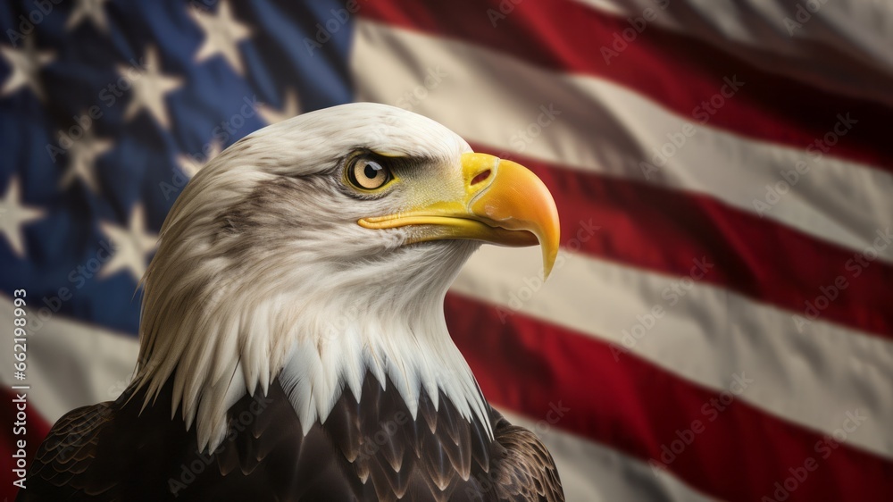 Obraz premium Close up of an eagle in Unalaska bay, Flag of United States background.