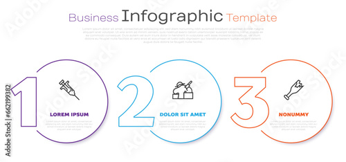 Set line Syringe, Murder and Broken bottle as weapon. Business infographic template. Vector