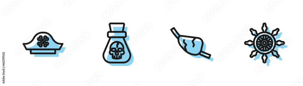 Set line Pirate eye patch, hat, coin and Ship steering wheel icon. Vector Set line Pirate eye patch, hat, coin and Ship steering wheel icon. Vector