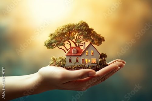 Homeownership concept. Hand holding house model. Real estate investment. Hands with home. Insurance and protection. Green concept