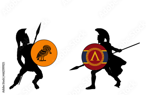 Greek hero ancient soldier in battle with spear, shield in combat vector silhouette illustration isolated. Athens soldier against Spartan warrior. Brave man in Peloponnese war. Athena flag vs Sparta. photo