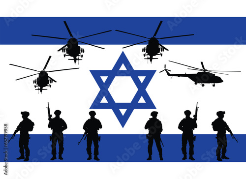 Israel army soldiers troops with rifles on duty over flag vector silhouette illustration. Protect force with helicopter unit watch guard. Patriot save border of country against terrorism. Israel flag.