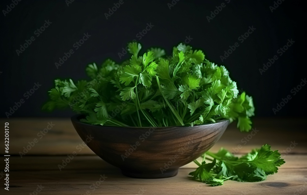 Fresh parsley plate. Green healthy kitchen plant on wooden table. Generate ai Fresh parsley plate. Green healthy kitchen plant on wooden table. Generate ai