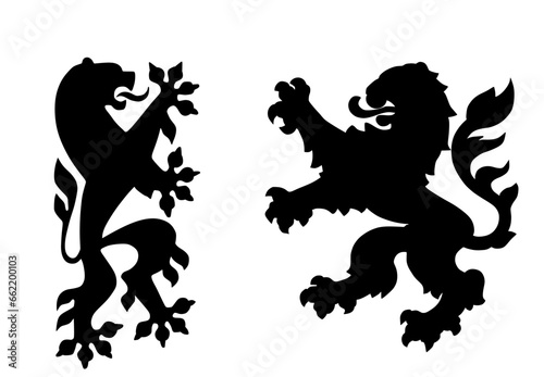 Wild beast lions fight battle vector silhouette illustration isolated on background. Heraldic lion. Animal symbol coat of arms. Seal of city in Europe. Shield Dresden VS Hessen Hesse. Germany towns.