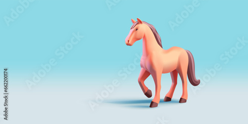 3d render illustration of horse, plastic realistic icon, horse making step, brown tail and mane, beige body, isolated