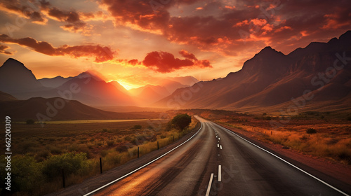 Highway Horizon: A long-haul trucker on a desert highway, with the endless road stretching to the horizon under a vibrant sunset.