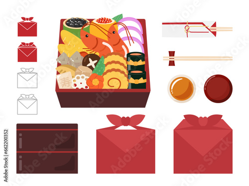 おせち料理と風呂敷包みのイラストセット