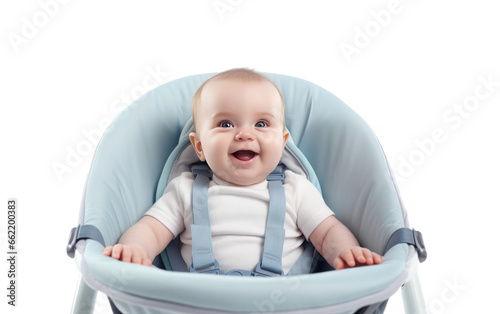 Smiling a Happy Baby Bouncing in a Blue Baby Bouncer Closeup Isolated on Transparent Background PNG.