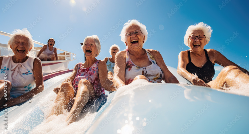 Active aging. Energetic group of senior women having fun in the pool - obrazy, fototapety, plakaty 