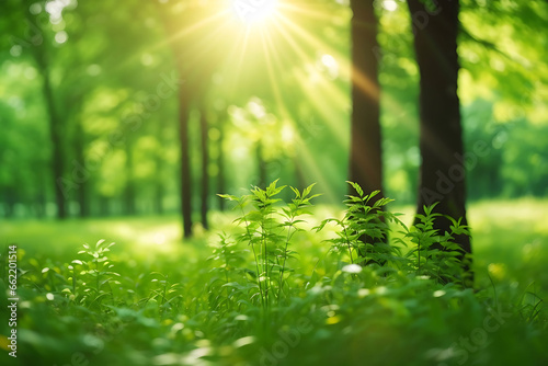 Green Trees in a Forest or Park Sun Beams and Wild Grass - Copy Space