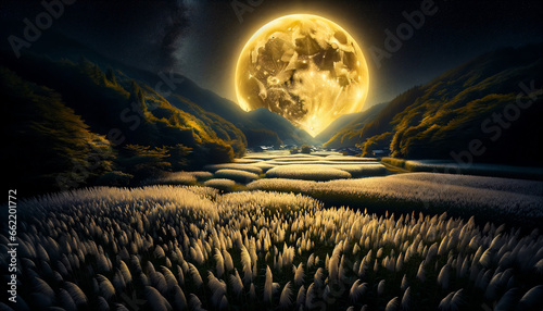 大きな黄色い満月が夜のすすきの野原を照らすイメージ画像です。すすきのディテールの質感が強調されています。