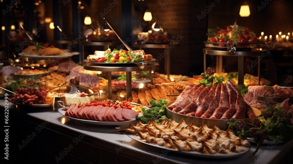 A sumptuous catering buffet spread in an elegant indoor restaurant, featuring a mouthwatering selection of grilled meats like skewers, steaks, and sausages