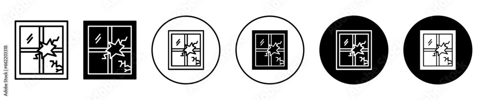 Broken window icon. Home window with hole symbol set. Broken house window vector sign. Crack or damaged window line logo Broken window icon. Home window with hole symbol set. Broken house window vector sign. Crack or damaged window line logo