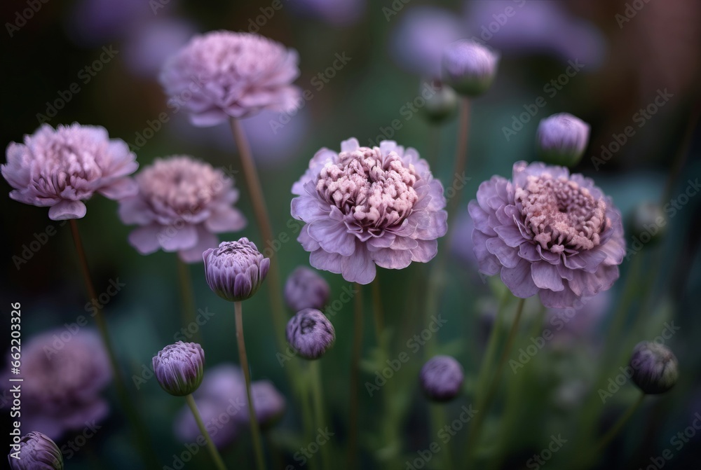 Obraz premium Field of purple scabious flowers. Violet natural spring blossom flower. Generate ai