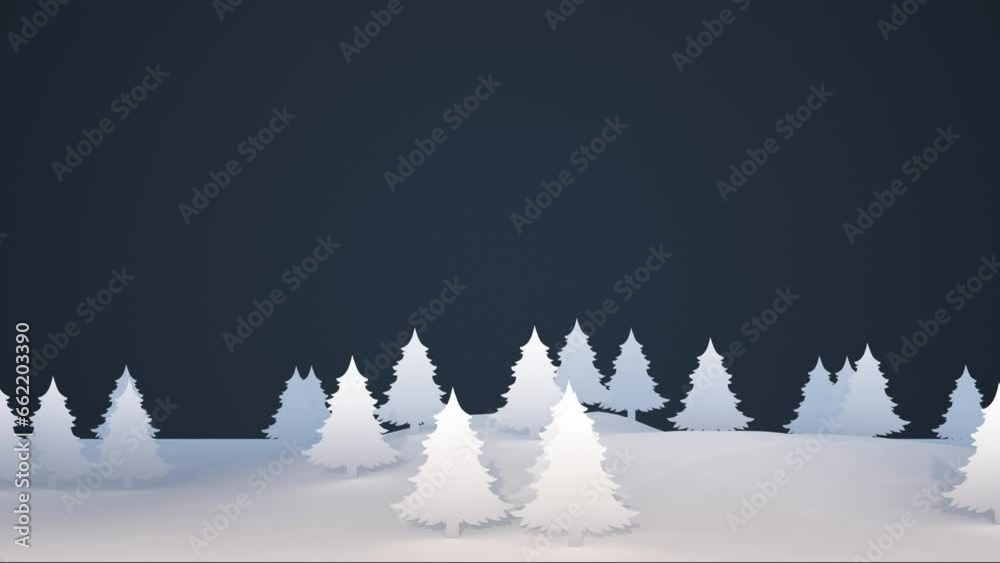 3D animation - Looped animated Christmas background of a landscape of flat white pine trees on a dark blue background at 60 fps