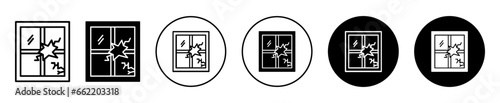 Broken window icon. Home window with hole symbol set. Broken house window vector sign. Crack or damaged window line logo