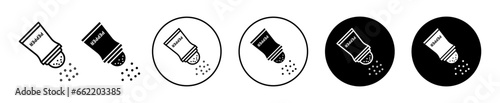 Pepper shaker icon. Table salt, sugar or spice powder mill container symbol set. Pepper salt grinder to sprinkle on food vector sign. Pepper spice seasoning shaker or grinder mill line logo 