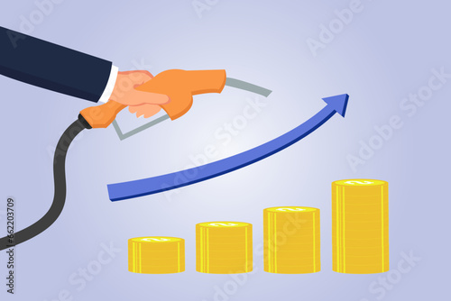 Hand holding gasoline nozzle with graph and coins. Expensive oil price vector concept.