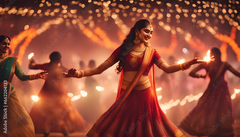 A girl The Power and Beauty of Women's Diwali Dance in High-Quality ai generated - obrazy, fototapety, plakaty 