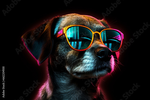 cute dog wearing glasses combination of neon lights, black background, 3d rendering, AI generative  photo