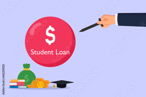 Student loan bubble with graduation cap and money. Financial Crisis Concept.