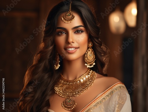 Ancient Indian beauty smiling model, luxury jewelry