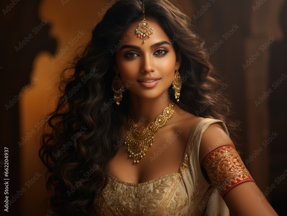 Indian beauty smiling model, luxury jewelry, luxury saree 