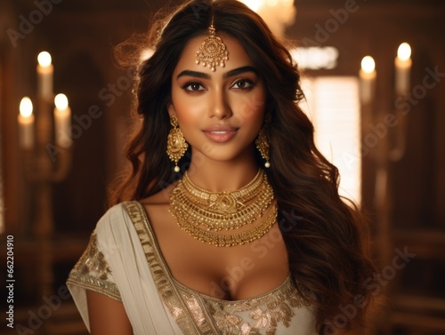 Indian beauty smiling model, luxury jewelry, luxury saree 