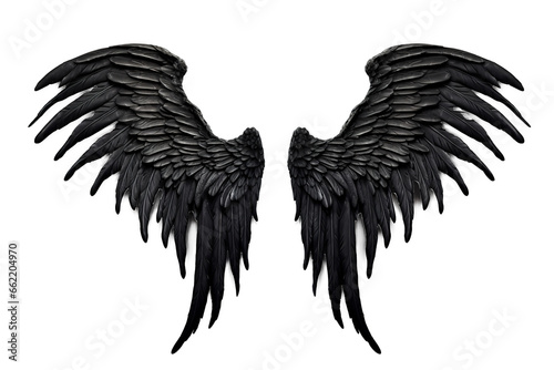 spread black dark demon feather angel wings on transparent background