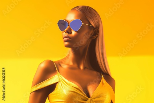 Super woman in sunglasses on yellow background. Brave and attractive stylish female superhero. Generate ai