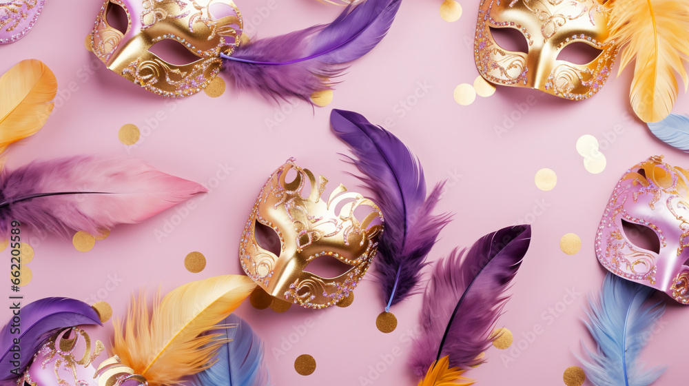 beautiful bedazzled carnival or masquerade ball gold and purple masks pattern on a pastel purple background beautiful bedazzled carnival or masquerade ball gold and purple masks pattern on a pastel purple background
