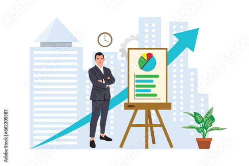 Businessman standing on whiteboard with graph. Vector illustration in flat style