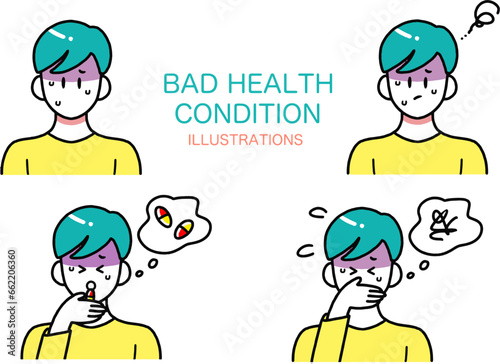 体調不良で顔色の悪い男性のシンプルなイラスト詰め合わせ