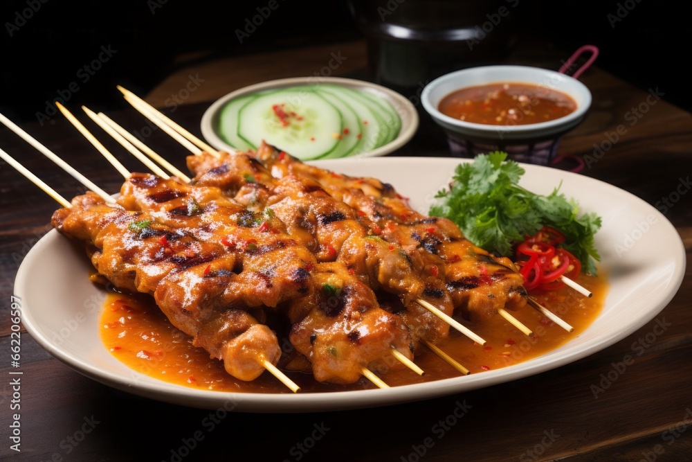 Close up of chicken satay with peanut sauce is a typical Indonesian food made from chicken meat. Wooden table. Close up of chicken satay with peanut sauce is a typical Indonesian food made from chicken meat. Wooden table.