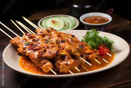 Close up of chicken satay with peanut sauce is a typical Indonesian food made from chicken meat. Wooden table.