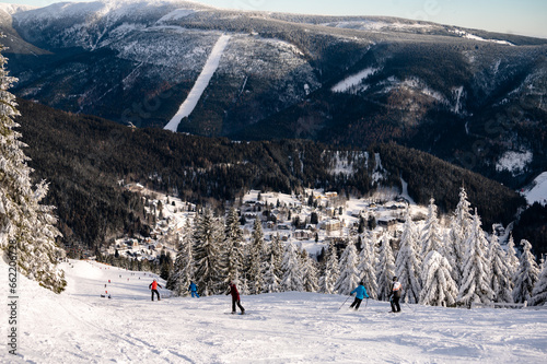 People on mountain in Czech ski resort Spindleruv Mlyn, Czech Rupublic

