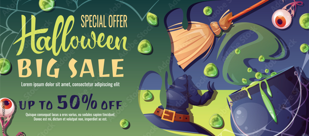 Discount banner design with witch's cauldron, broom and hat. Halloween sale, discount voucher. Template for banner, poster, flyer, advertisement..