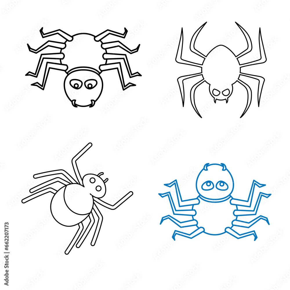 spider on a white background. spider icon outline design. set. set of hand drawn arrows and icons