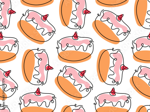 Seamless pattern with yummy doughnut. Strawberry frosted donut. Lineart vector illustration with Traditional Chanukah donuts. Pastry donut background for wallpaper, wrapping, textile, scrapbooking.