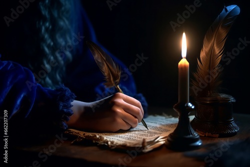 Hand write ink feather at burning candle. Night dark room with monk writer. Generate Ai
