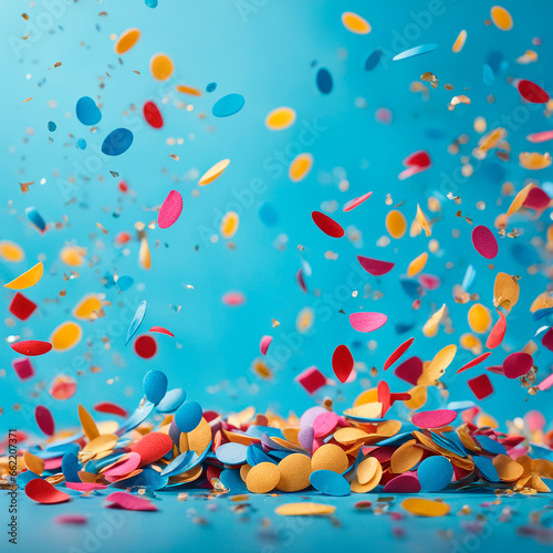 colored confetti on a blue background, copy space