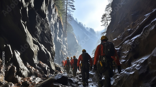 Mountain Rescue: A team of mountain rescuers descending a sheer cliff to reach an injured climber in a remote alpine setting.
