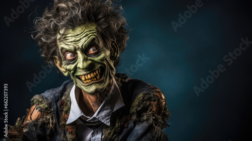 Halloween Horror Hintergrund mit einem grinsenden Zombie Clown mit grünem Make-up und zerrissenem Anzug vor dunklem Hintergrund und Platz für Text