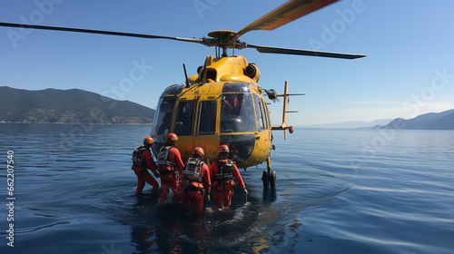 Helicopter Rescue: A dramatic helicopter rescue in progress, with a rescuer suspended on a cable to reach a stranded person. © Наталья Евтехова