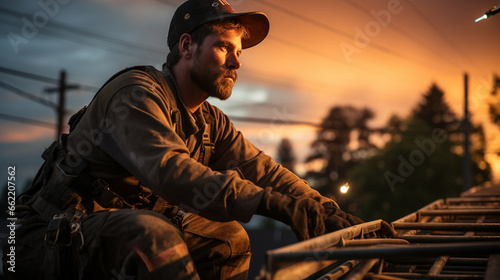 High Voltage: An electrical worker maintaining power lines atop tall utility poles against a dramatic sky.